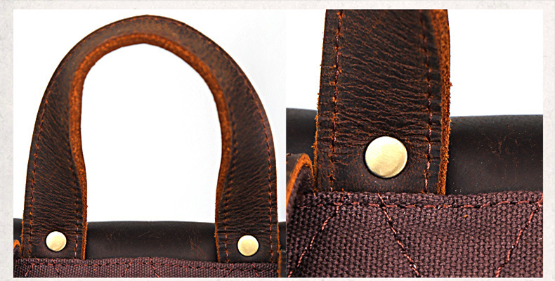 Handle of Woosir Genuine Leather 17" Laptop Backpack Travel Roll Top Rucksack