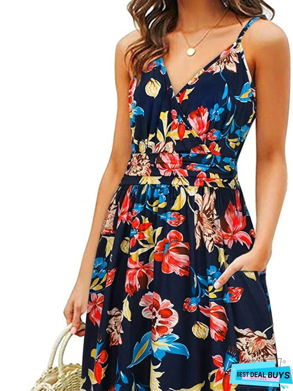 Printed Beach Skirt Loose Pocket Suspender Dress