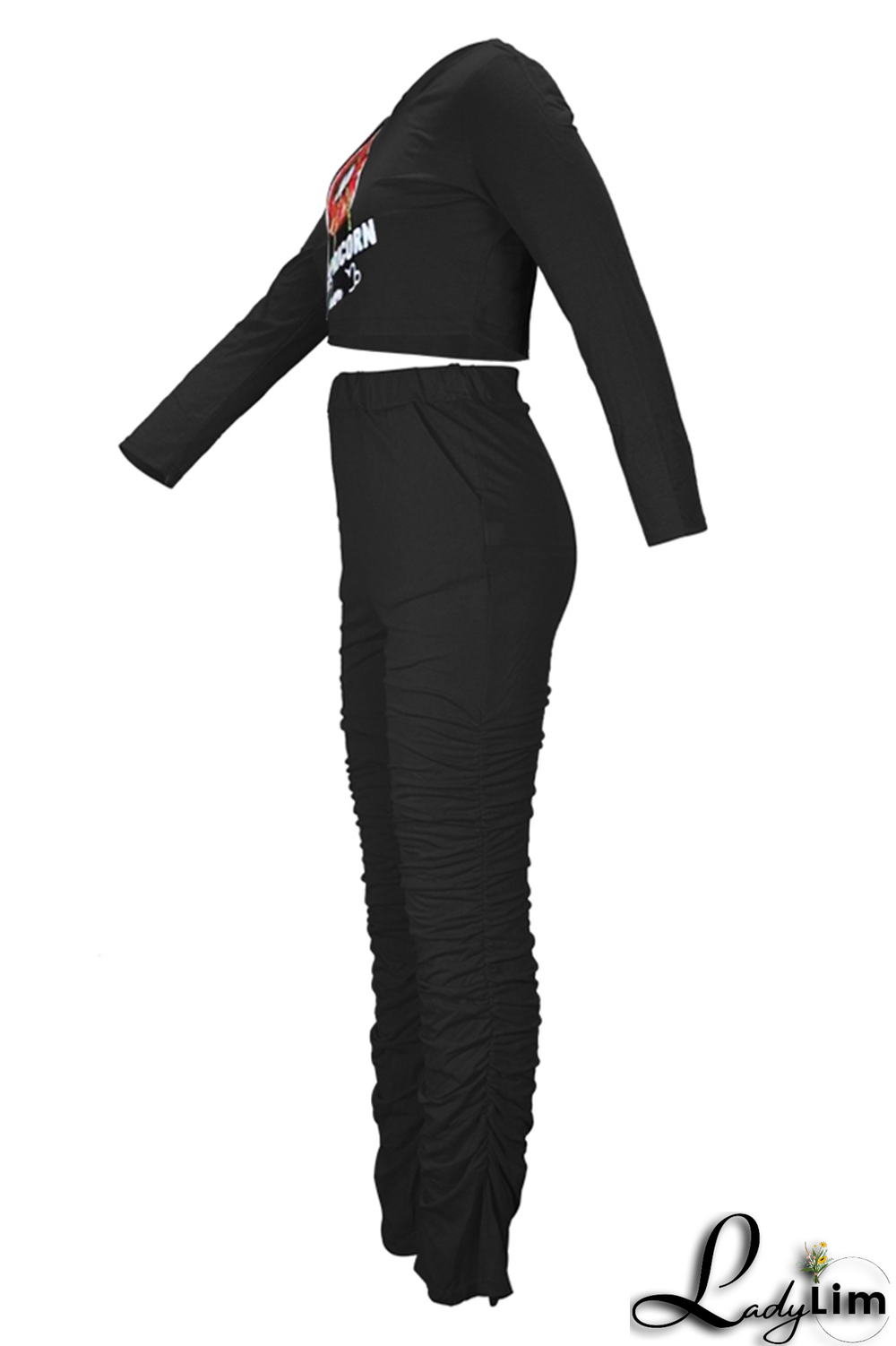 Green Fashion Lips Printed Patchwork O Neck Long Sleeve Two Pieces