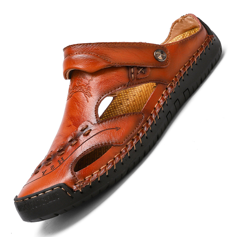 Men's Genuine Leather Handmade Comfortable Soft Vintage Slip-On Slippers Outdoor Sandals | ARKGET