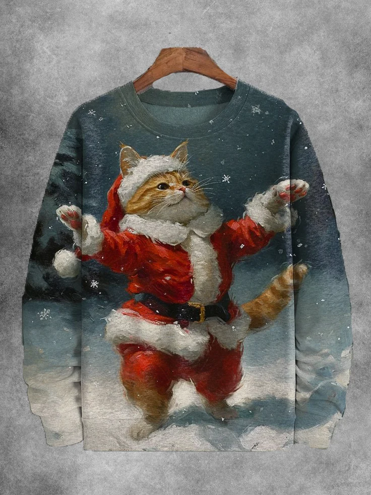 Men's Christmas Cat Snowflakes Print Casual Sweatshirt