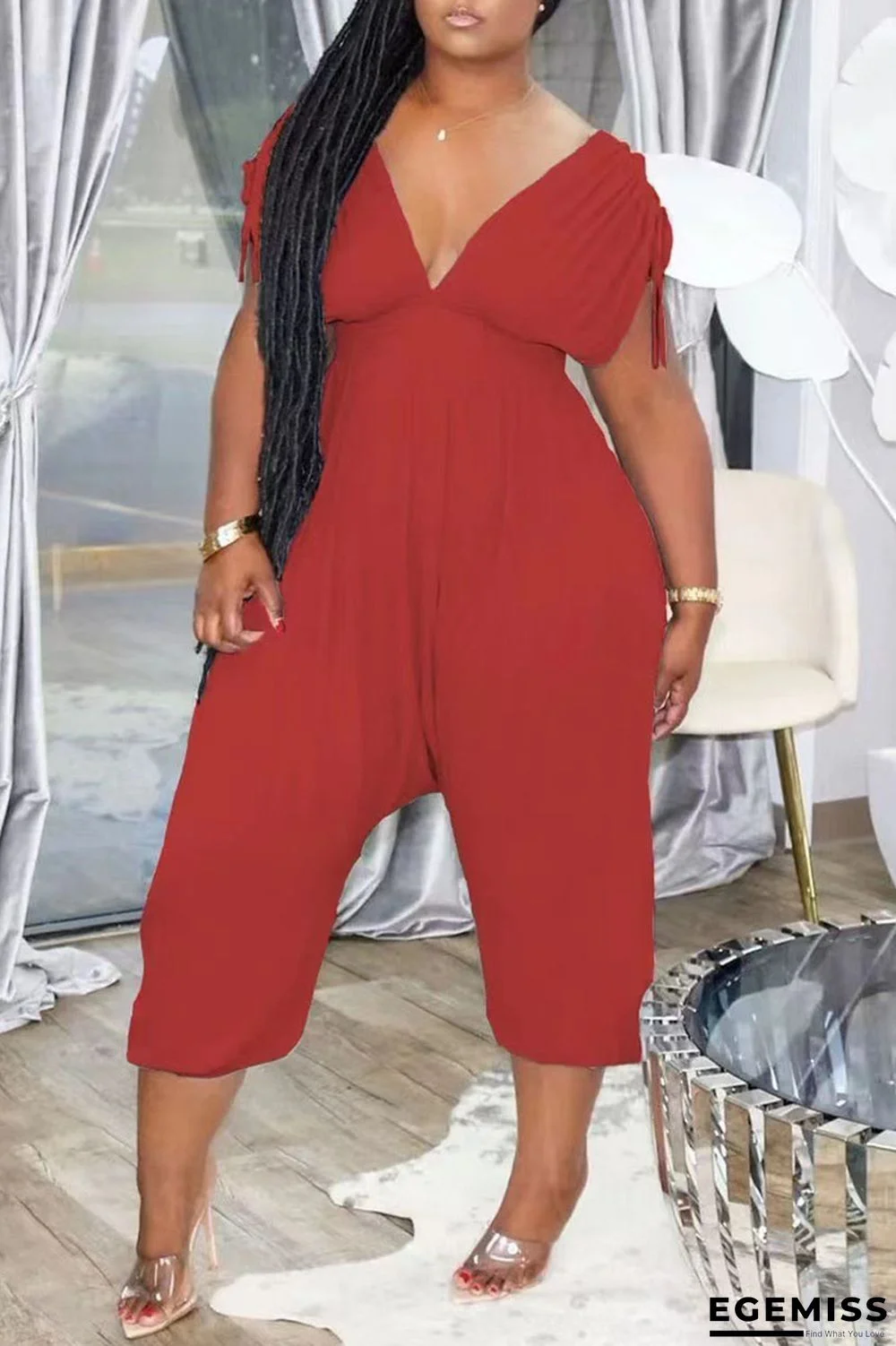 Red Fashion Casual Solid Patchwork V Neck Plus Size Jumpsuits | EGEMISS