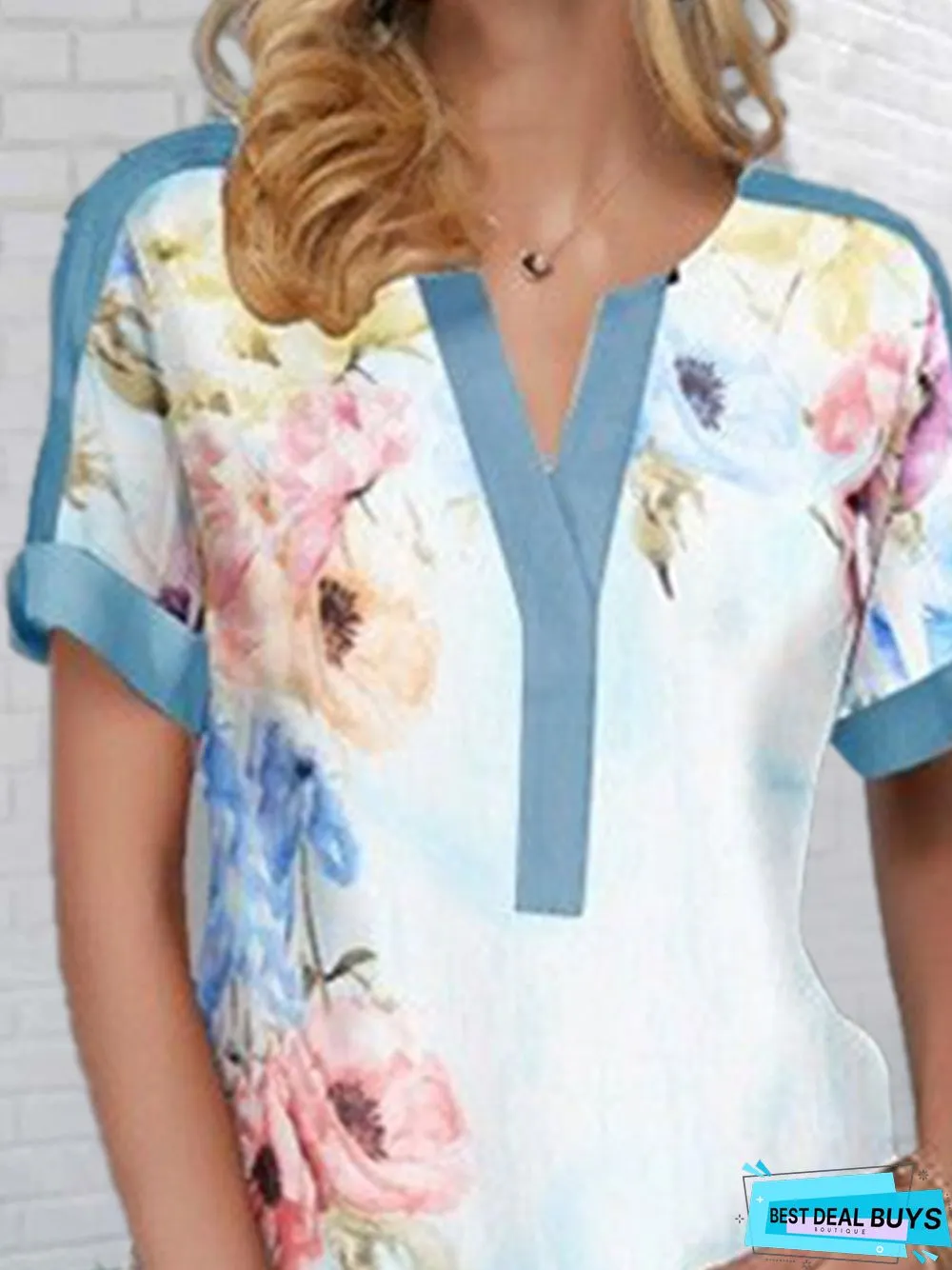 Floral  Short Sleeve  Printed  Cotton-blend  V neck Elegant  Summer  Blue Top