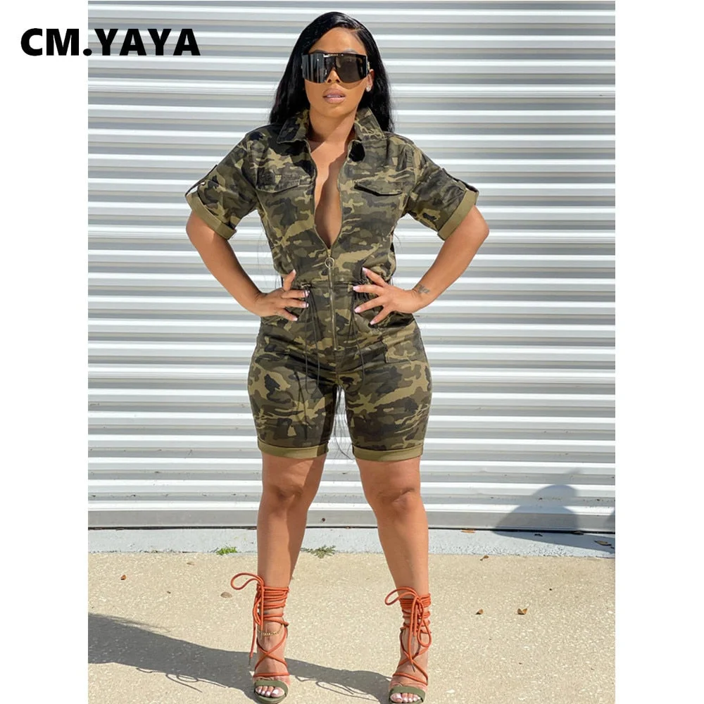 CM.YAYA Women Playsuit Camouflage Short Sleeve Turn-down Collar Straight Playsuits Casual Romper One Piece Overalls Summer