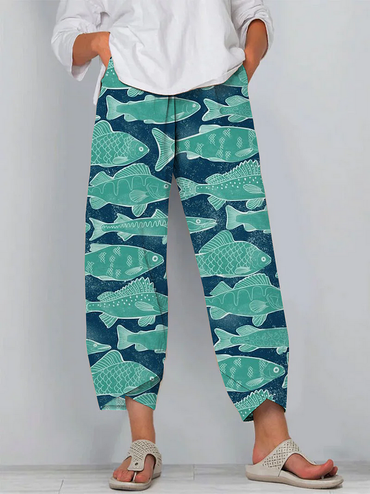 Casual Ocean Fish Print Cropped Pants