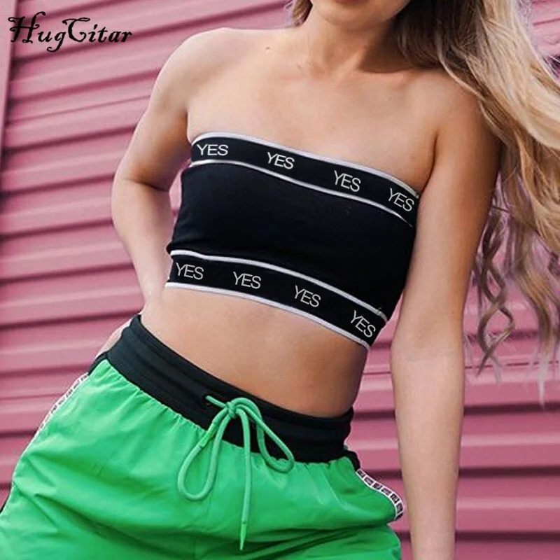 Hugcitar letters print patchwork sexy tank tops 2019 summer women fashion club streetwear female crop tops