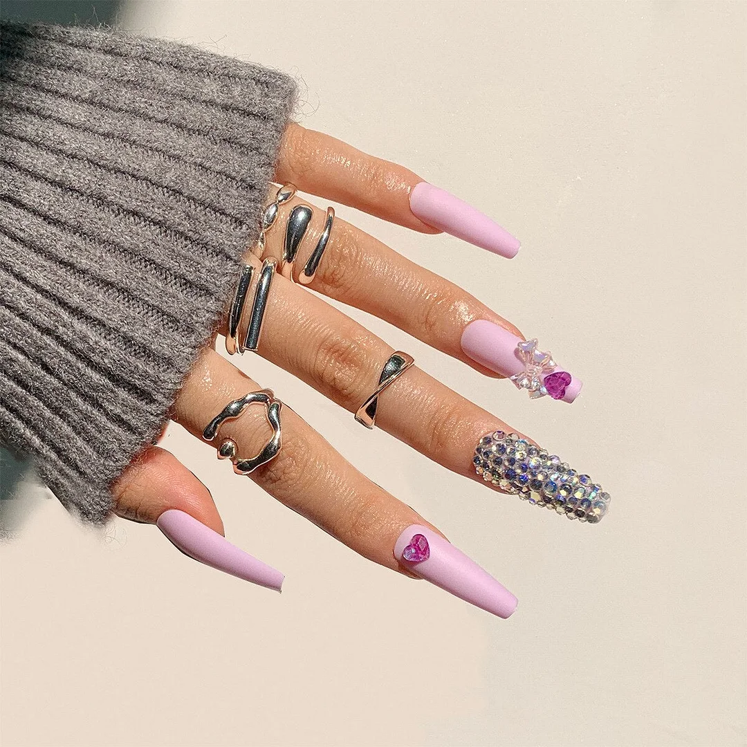 24pcs/box  Long Trapezoid Fake Nails  WIth Jewels Decorated Wearabel False Nails With Glue And Wearing Tools-Nail Inspo