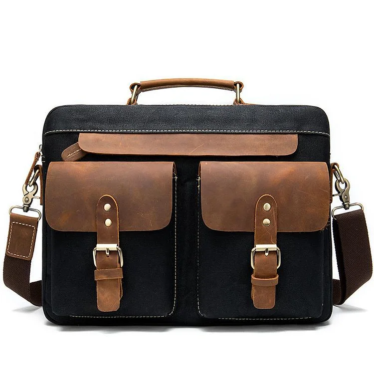 Men's Retro Handbag Leather Canvas Business 14 Inch Computer Bag Crossbody Bag