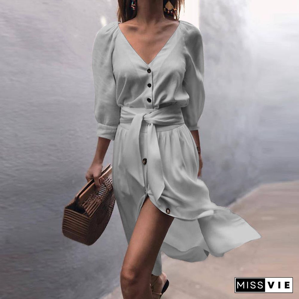Casual Front Tie Mid Sleeve Button Front Shirt Dress