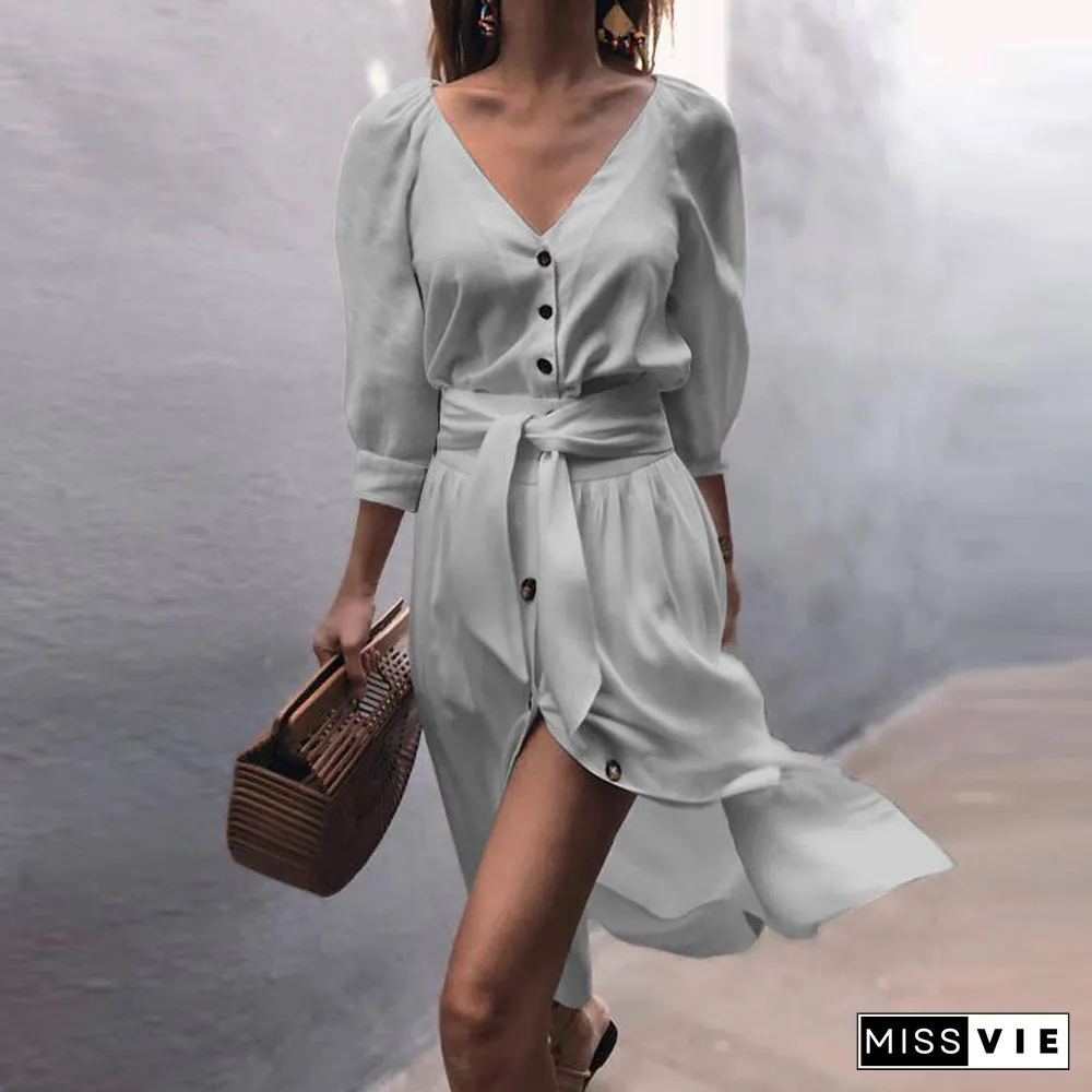 Casual Front Tie Mid Sleeve Button Front Shirt Dress