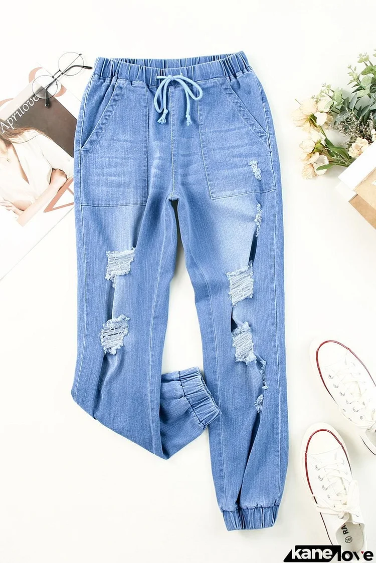 Distressed Denim Pocketed Joggers