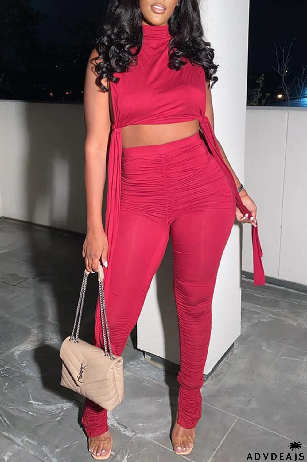 Purple Sexy Solid Split Joint Turtleneck Sleeveless Two Pieces