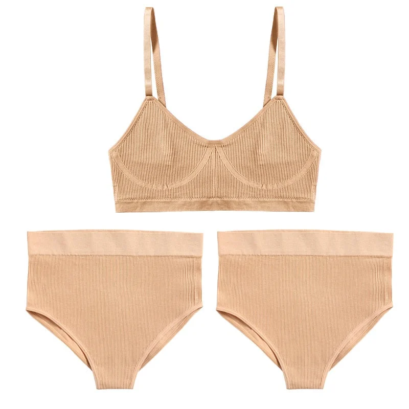 3PCS Bra Set Women Underwear Sexy High Waist Bodyshaper Briefs Thong Panties Female Bralette Lingerie Basic Top Active Brassiere