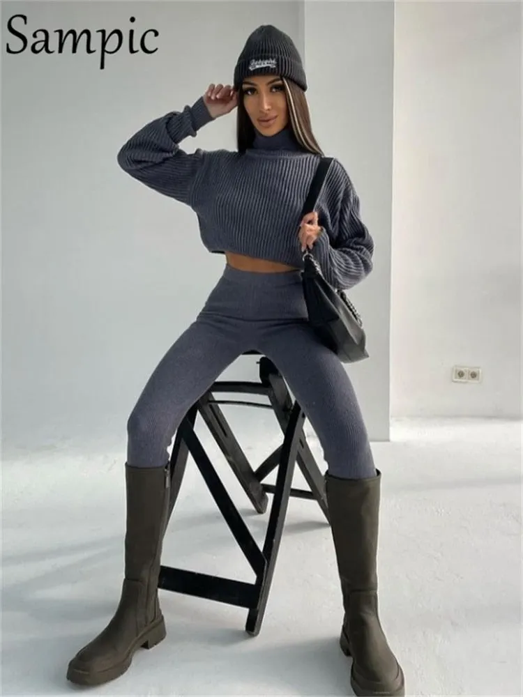 Sampic Casual Pants Suit Women Tracksuit Winter 2021 Pullover Knitted Sweater Tops And Skinny Leggings Pants Two Piece Set