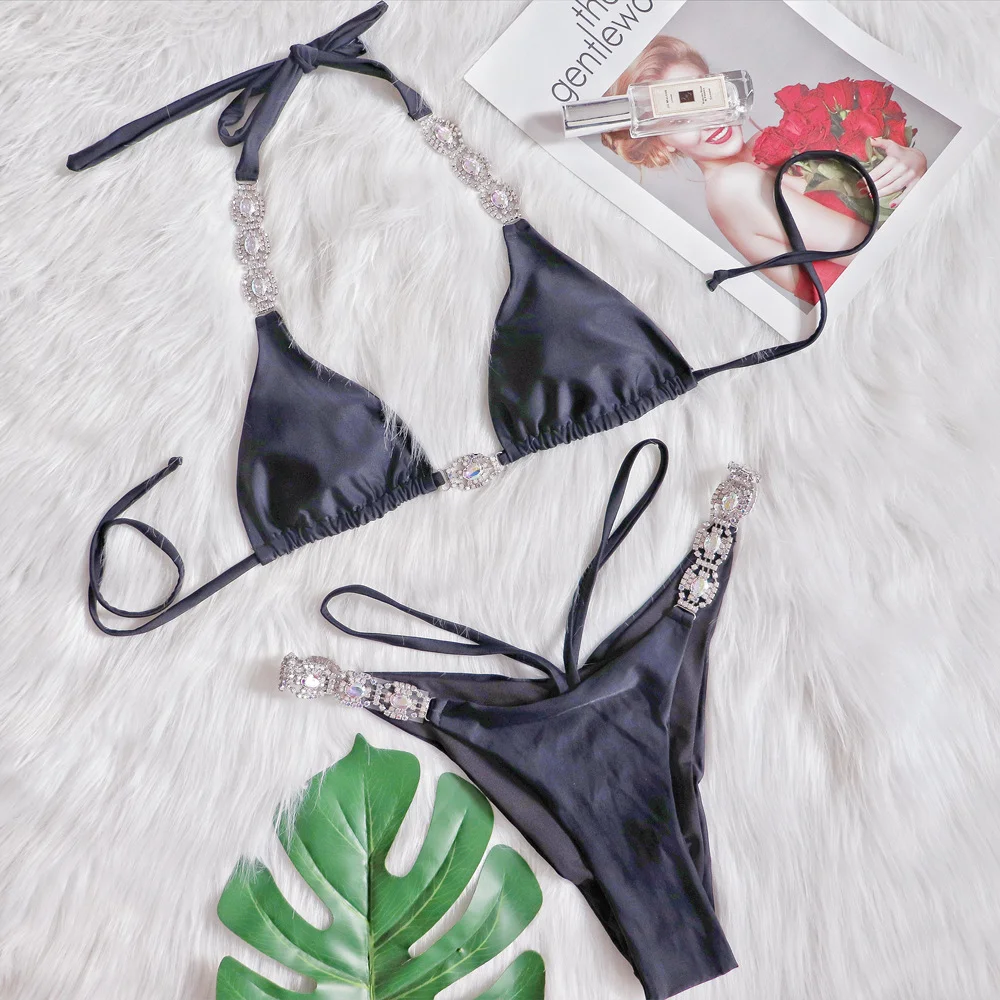 Uveng Uveng Style Bikini Sexy Crystal Diamond Split Swimsuit Female Solid Color Strap 2023 Bikini