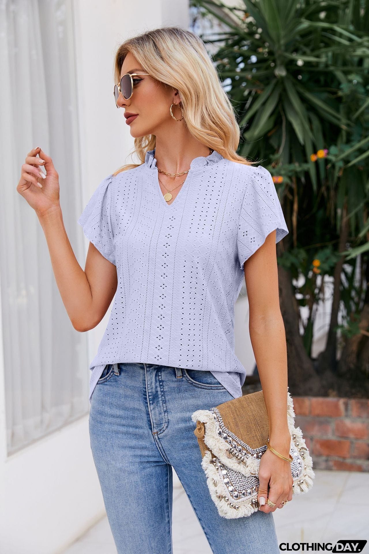 Notched Neck Puff Sleeve Blouse