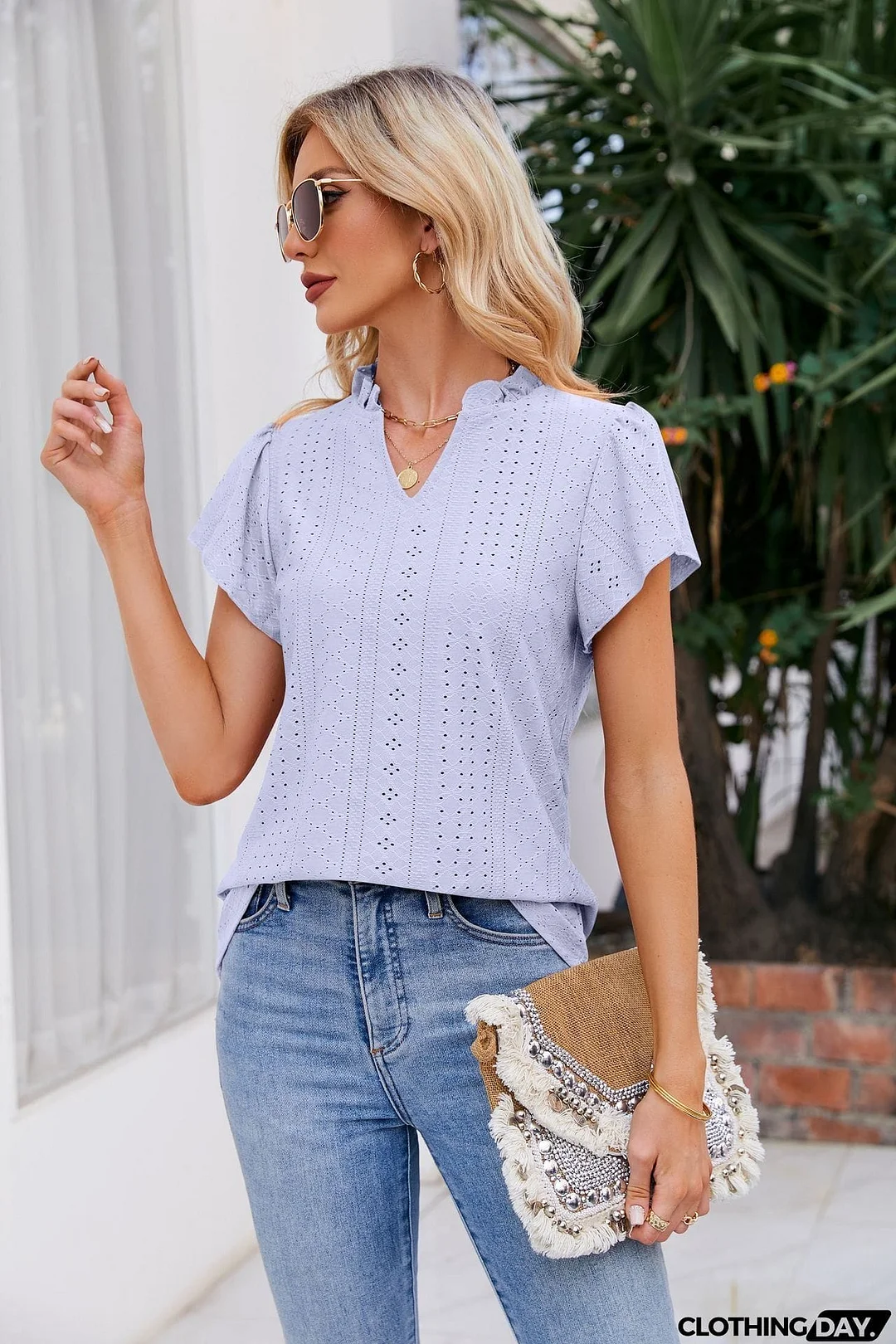 Notched Neck Puff Sleeve Blouse
