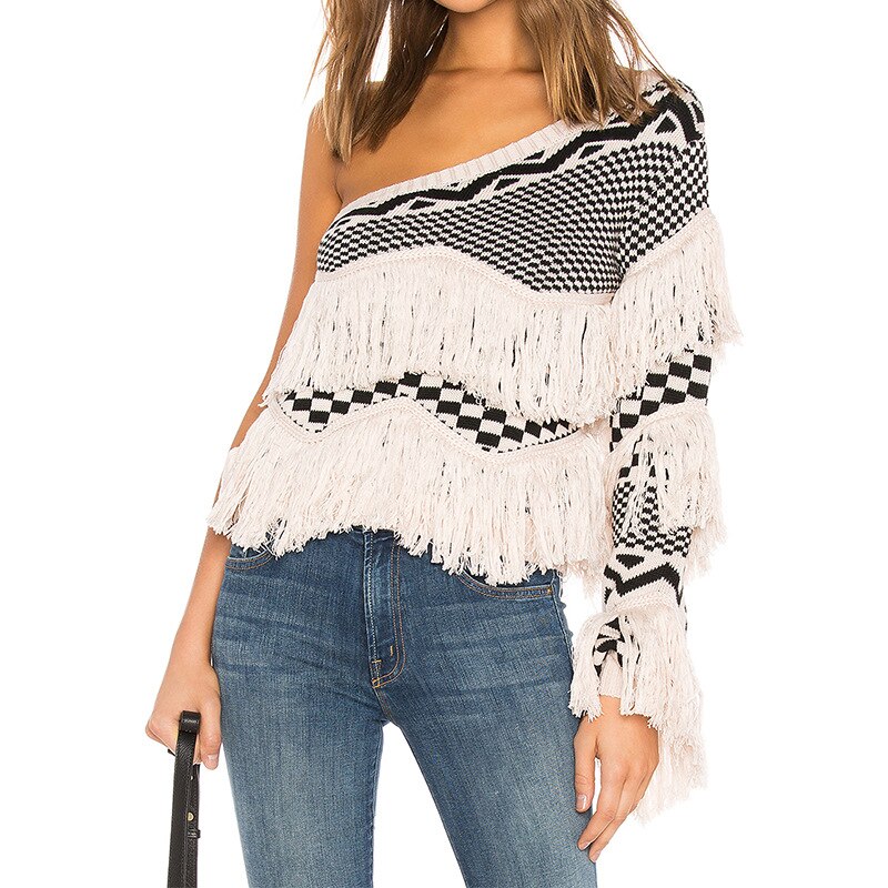 Women Fringed Knitted Sweater Autumn Sexy One Shoulder Striped Plaid Tassel Knitted Female Jumper Vintage Sweater Pullovers Tops