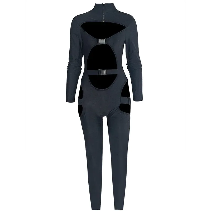 Sexy Women Bodycon Jumpsuit Solid Color Overalls Long Sleeves Rompers Bodysuits High Neck Hollow Out Buckle Biker Short Clubwear