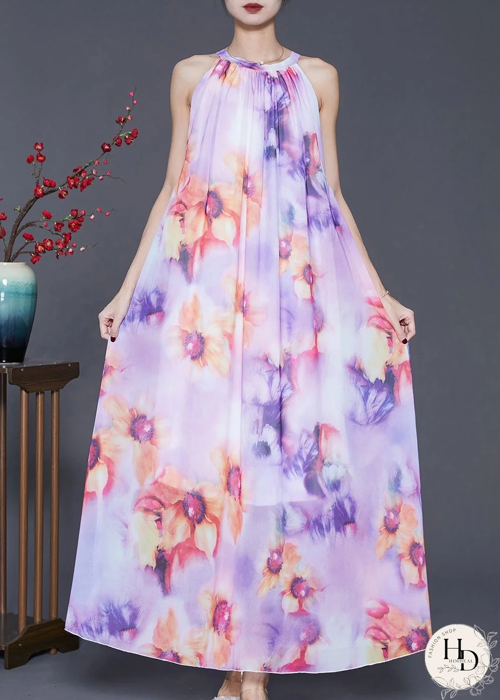 Purple Print Chiffon Beach Dresses Cold Shoulder Summer
