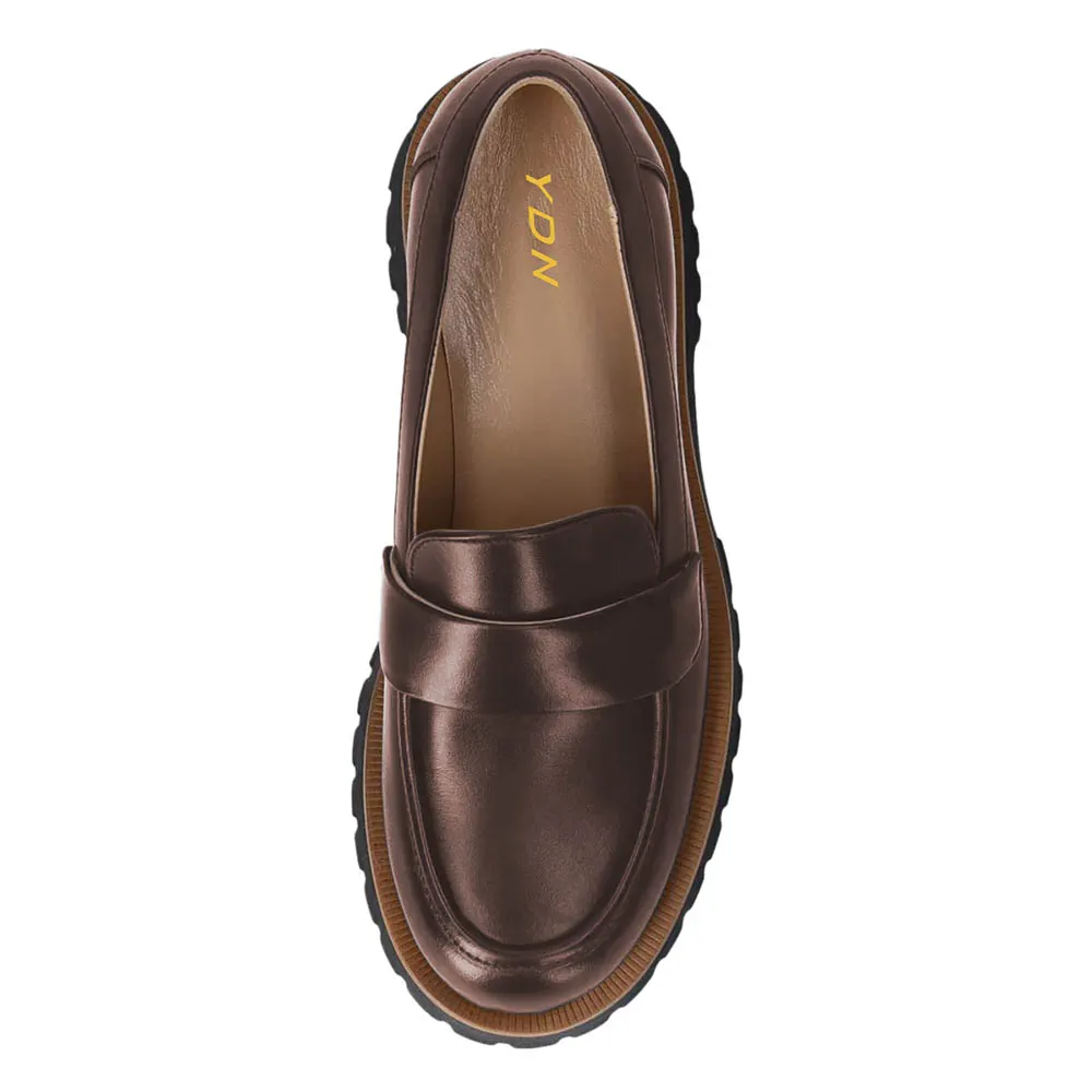 Brown Round Toe Chunky Heel Convenient Platform Loafers Women