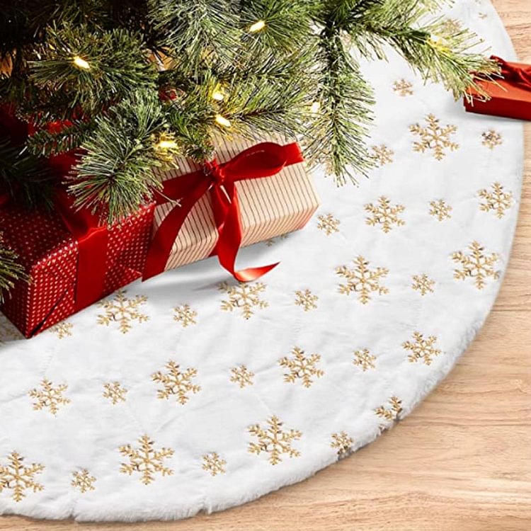 48-Inch Golden Snowflake Faux Fur Christmas Tree White Skirt