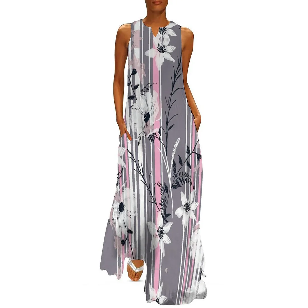 Style & Comfort for Mature Women Plus Size Printed Sleeveless Casual Women Maxi Dress with Pockets in Pattern Floral, Striped, Black, Pink