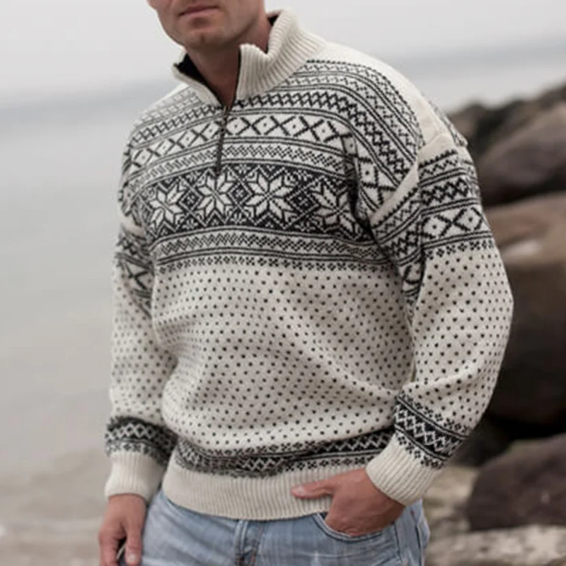 Vintage Warmth Norwool Knit Jacquard Icelandic Half Zip Collar Sweater（Unisex ）