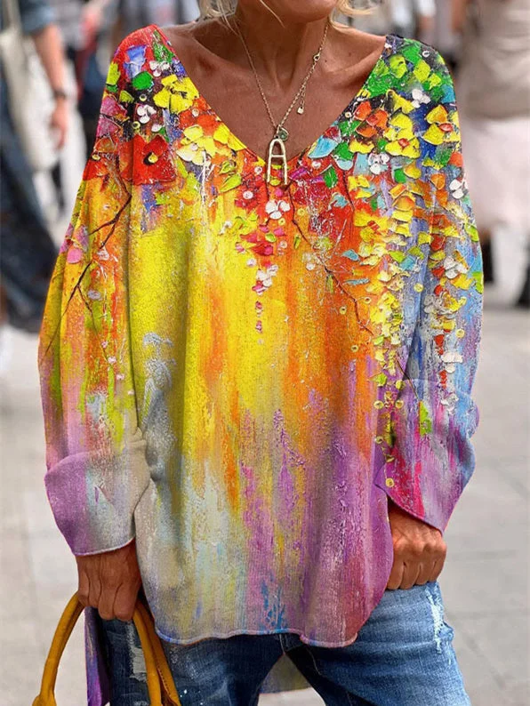 Women's Long Sleeve V-neck Graphic Printed Tops