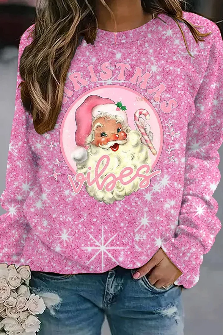 Pink Christmas Santa Print Loose Sweatshirt