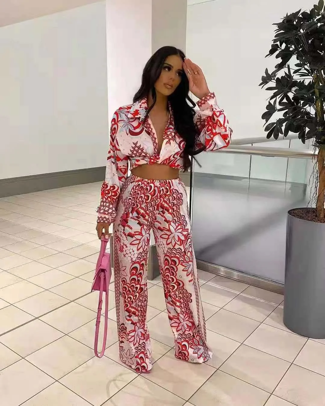 CM.YAYA Women Set Print Full Sleeve Turn-down Collar Bandage Crop Tops Wide Leg Pants Two 2 Piece Sets Fashion Outfit Autumn