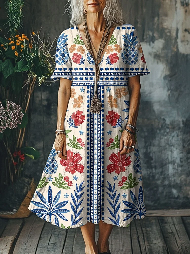 Women's Retro Floral  Art Print Pocket Cotton Dress
