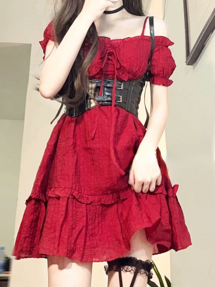 Aiertu - Ruby the Archer Goth Complete Dress and Corset Set Dark Academia Kawaii Academia Y2K Cottagecore Coquette Fairycore Dollette Princesscore Aiertu