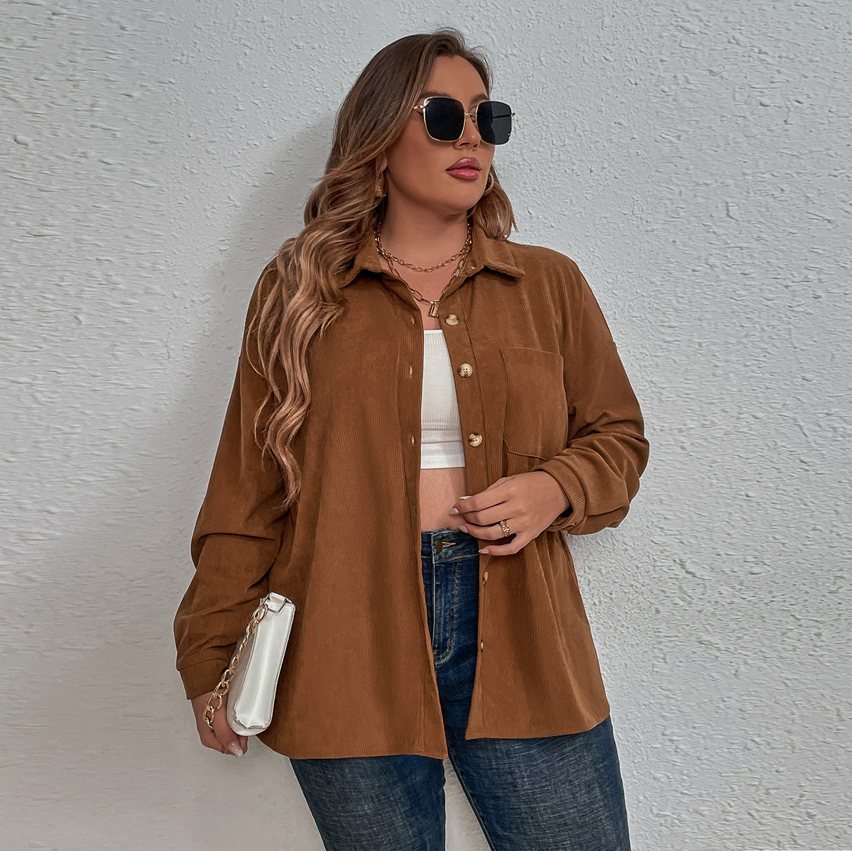 Mature Women's Corduroy Long Sleeve Blouse Shirt