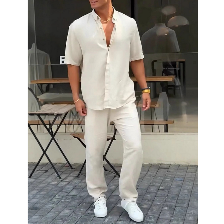 Men’s Solid Lapel Short-Sleeve Tops ＆ Pants 2-Piece Set