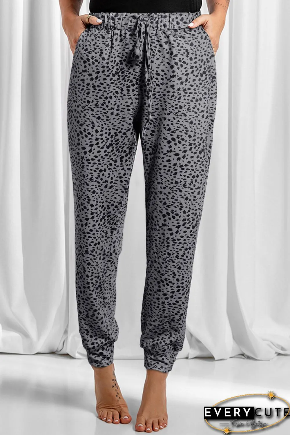 Gray Animal Spots Drawstring Lounge Jogger Pants