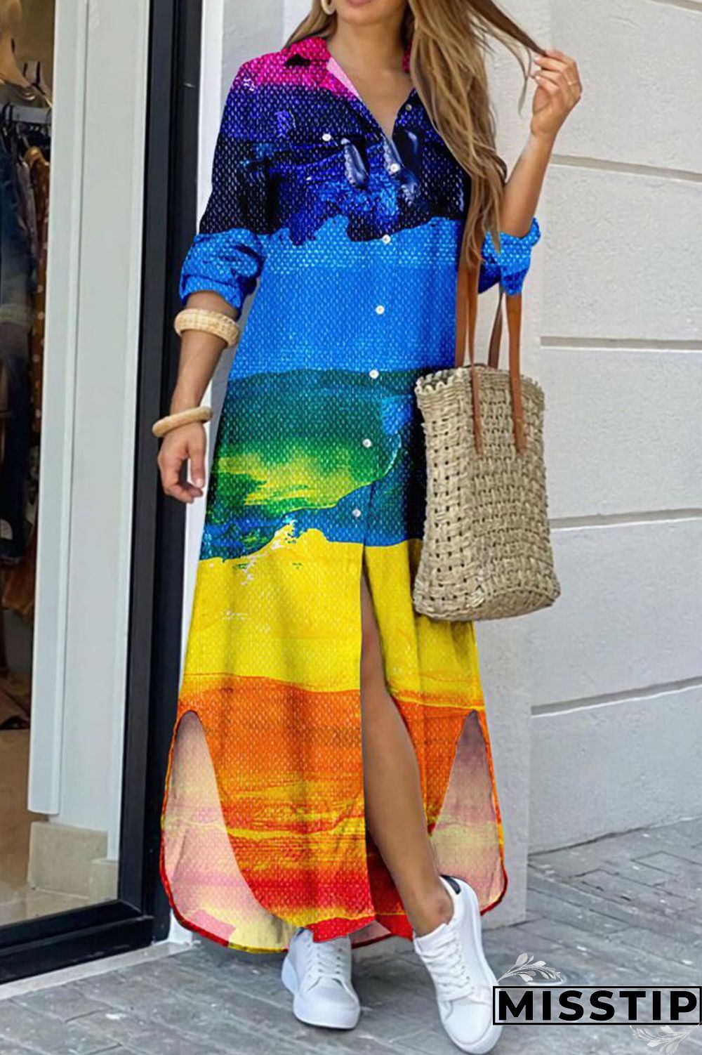 Blue Casual Print Patchwork Buckle Turndown Collar Shirt Dress Dresses