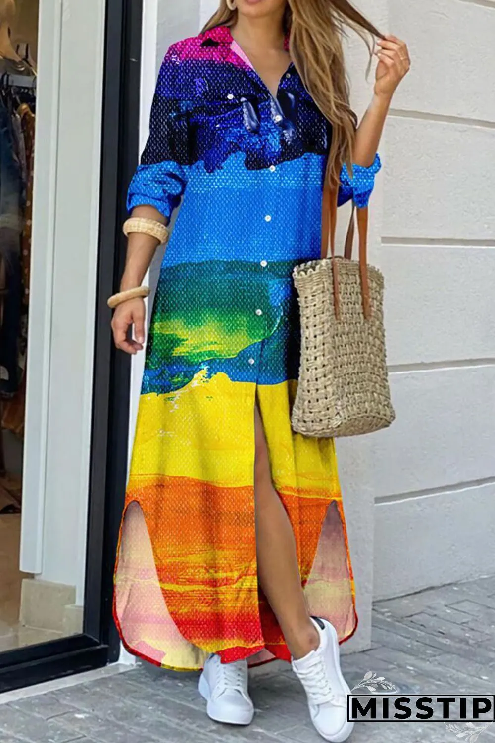Blue Casual Print Patchwork Buckle Turndown Collar Shirt Dress Dresses