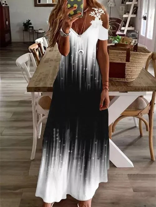 Women's Short Sleeve V-neck Lace Stitching Floral Printed Maxi Dress