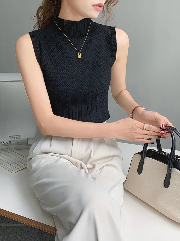 Uveng Uveng Vest Women In The 2024 New Spring And Summer High-Necked Knitted Shirt With Suit Sleeveless Top