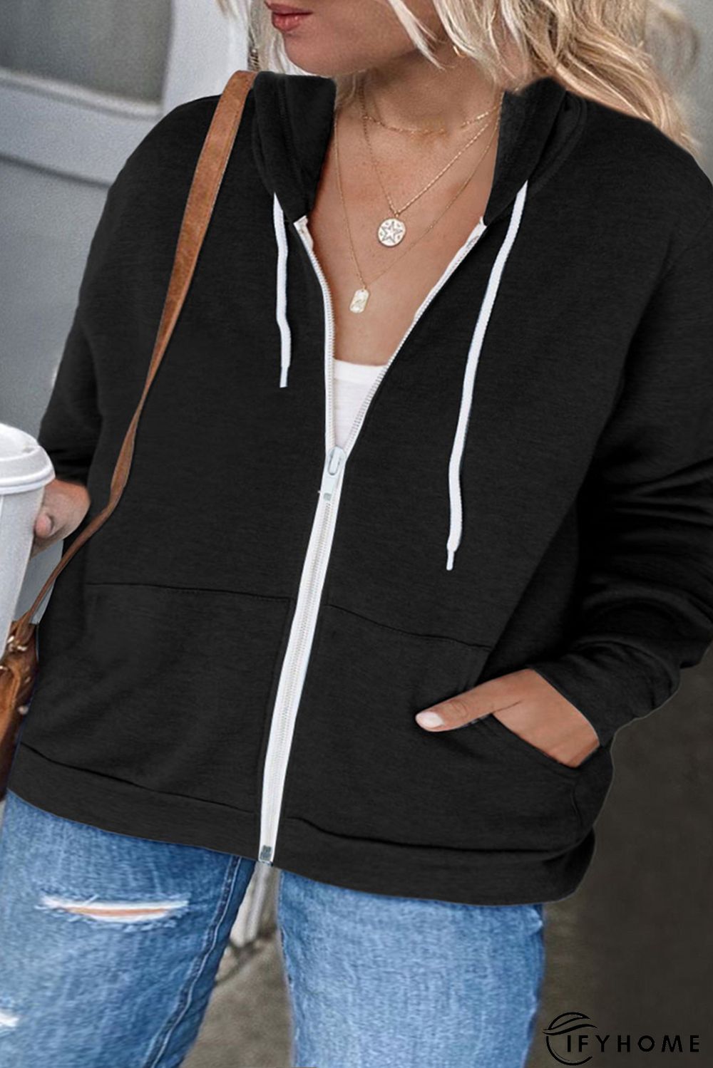 Black Blue Blue Plus Size Zipper Down Hooded Coat with Pocket | IFYHOME