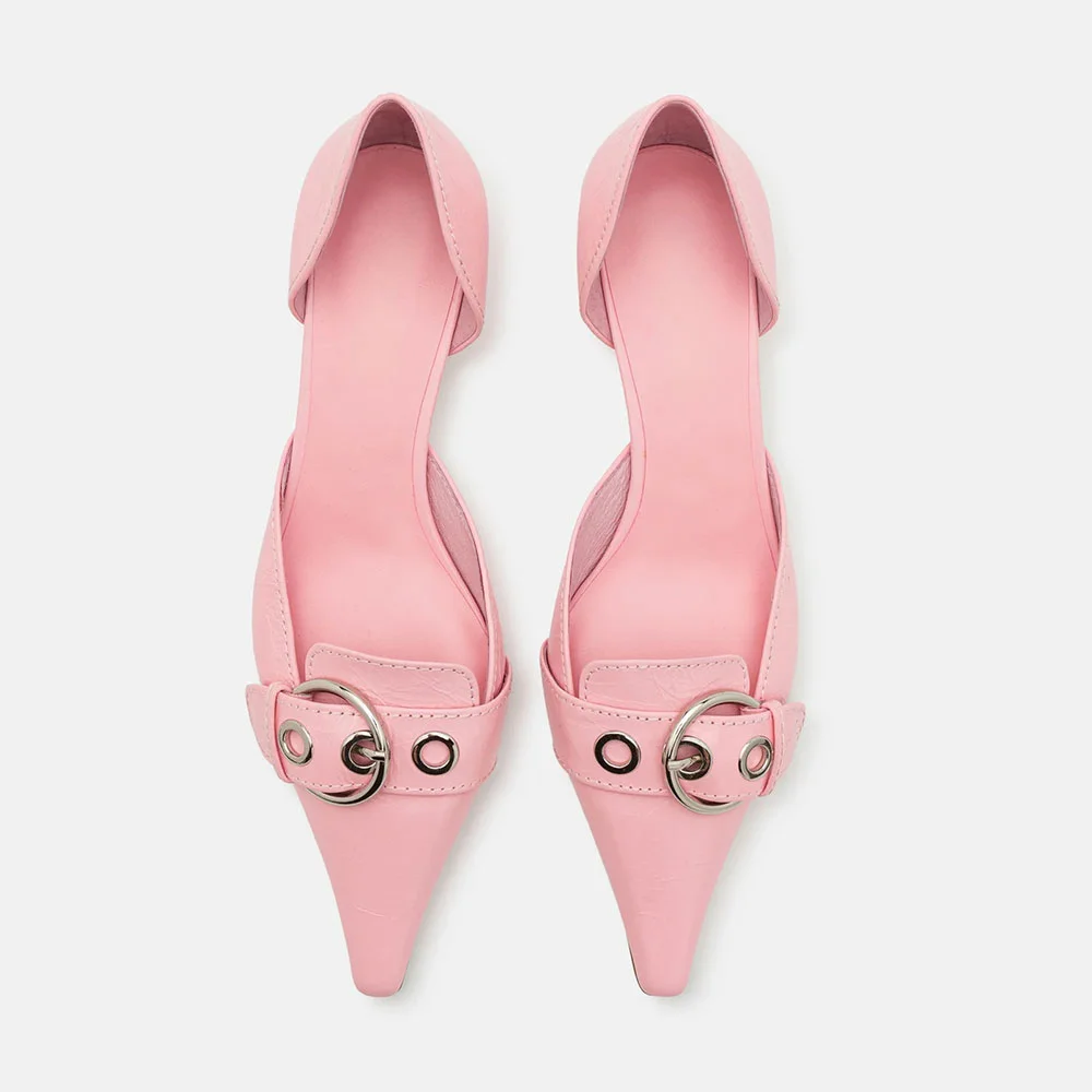 Pink Faux Leather Pointed Toe Kitten Heel Grommet Buckle Pumps Shoes