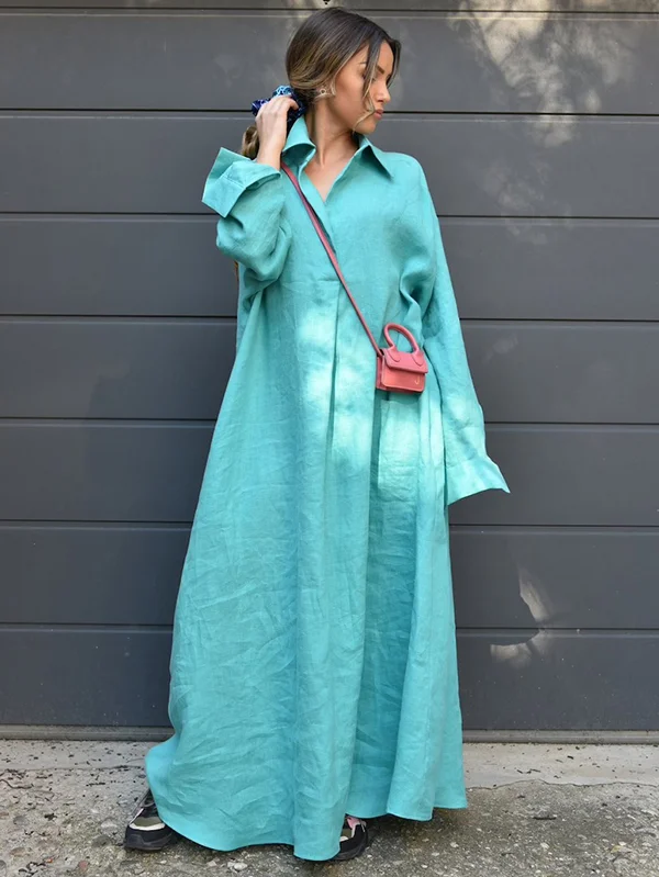 Minimalist Roomy Pure Color Long Sleeves Lapel Maxi Dress