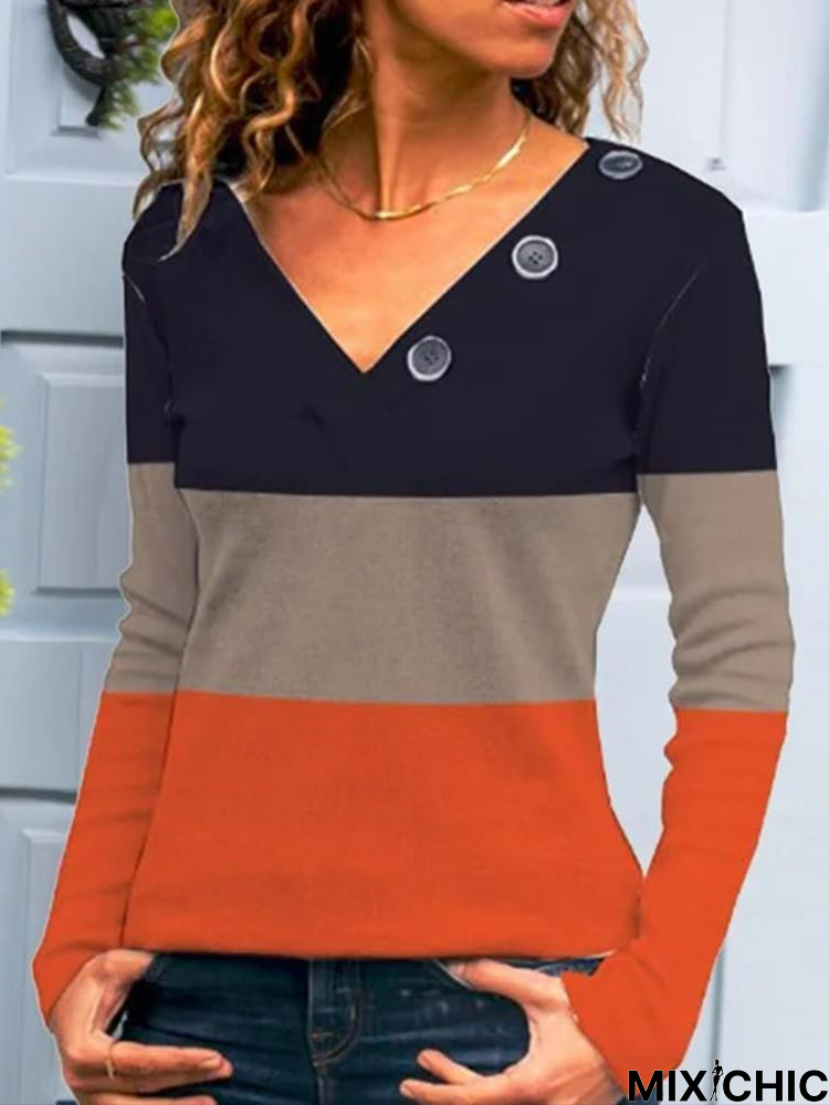 V Neck Color Block Casual T-Shirt