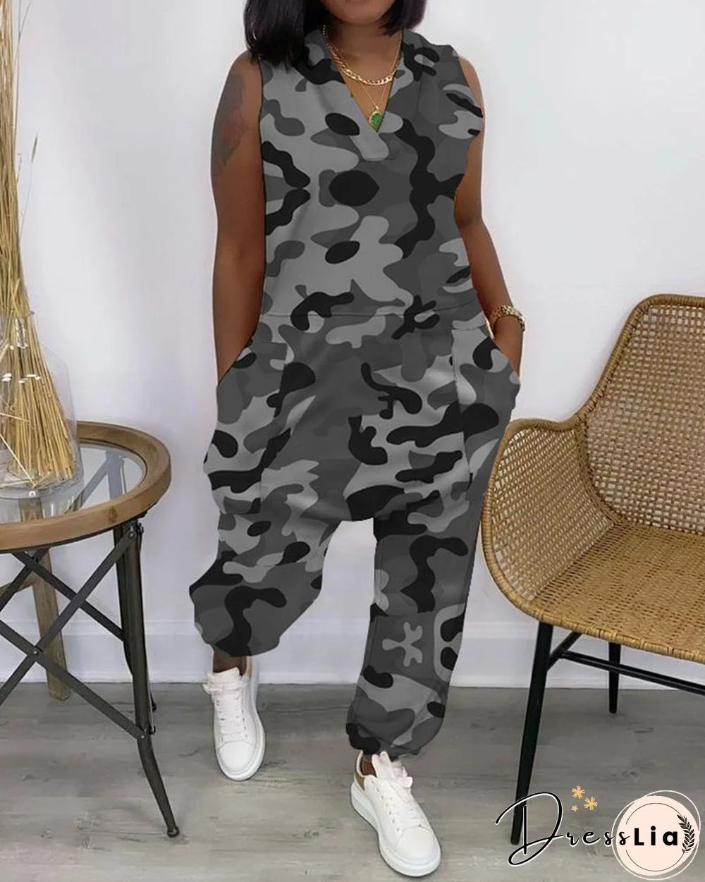 Camouflage V-neck Long Jumpsuit