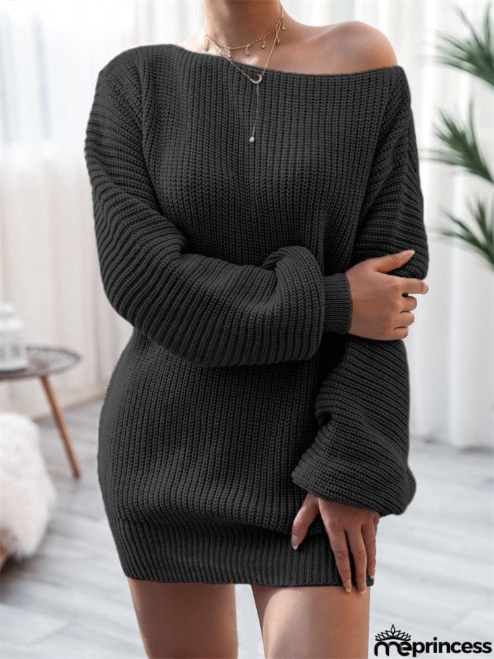 Comfortable Pullover Off-The-Shoulder Casual Loose Knit Sweater Mini Dress