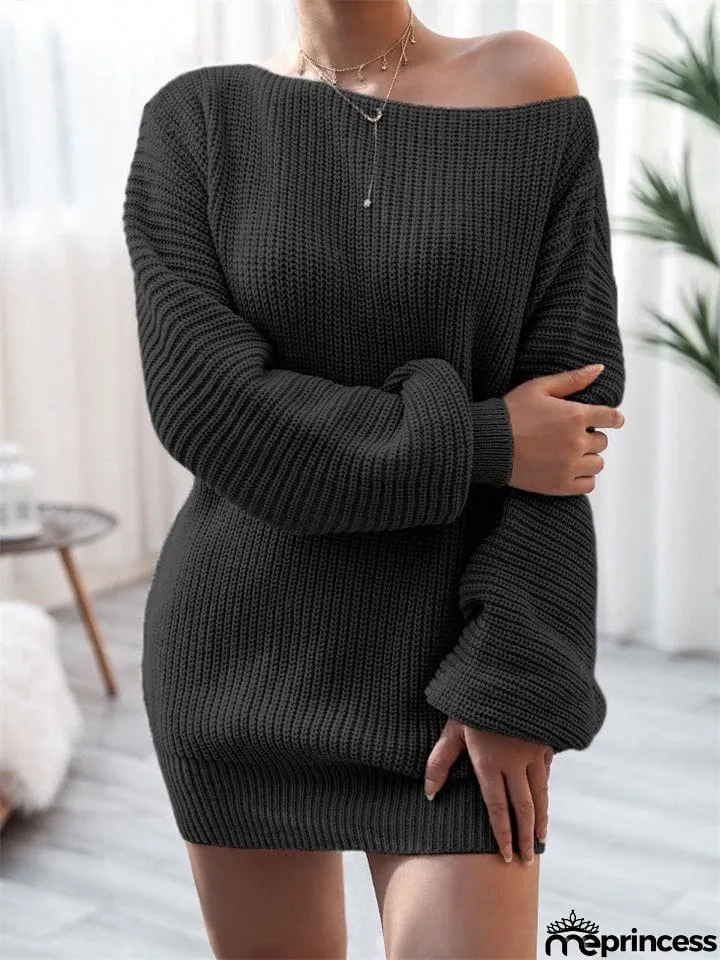Comfortable Pullover Off-The-Shoulder Casual Loose Knit Sweater Mini Dress
