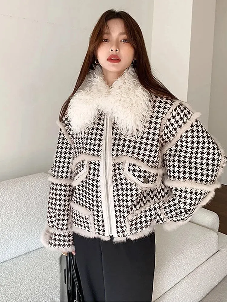Uveng 2023 Autumn Winter Faux Lamb Fur Sheepskin Coat Plaid Granular Sheep Shearing Jacket Female Casual Warm Outerwear