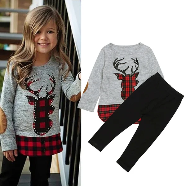 2PCS Set Top + Pants Kids Girls Deer Applique Plaid Shirt and Black Leggings 2PCS Outfits Clothes for 1-6 Years