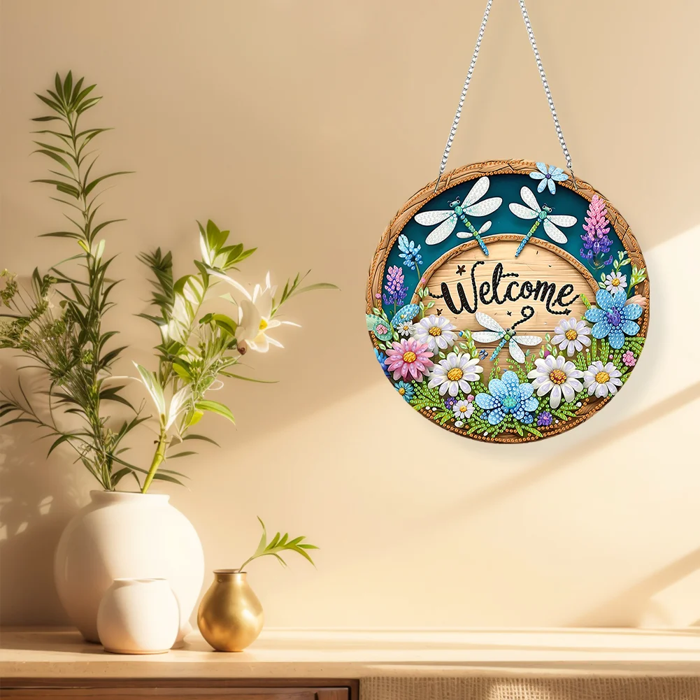 5D DIY Acrylic Special Shape Welcome Flower Dragonfly Diamond Painting Hanging Ornaments